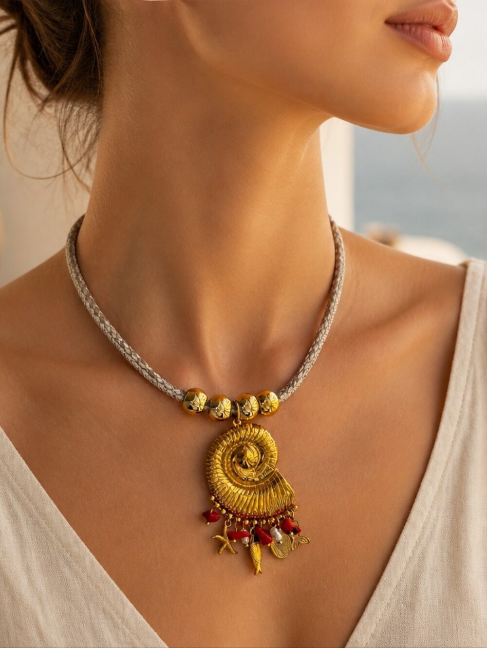 Mayamar Snakeskin Print Cord Necklace w Spiral Shell Pendant, Charms & Gift Bag